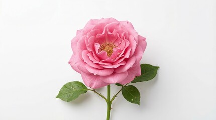 Fototapeta premium Rosa rosa en plena floración aislada sobre fondo blanco neutro con iluminación de estudio. Imagen delicada y elegante que simboliza amor, ternura y belleza natural.