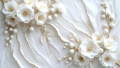 close up of white flower,3d horizontal bas-relief for accent luxury interior decor in white and gold tones, background for presentations and websites