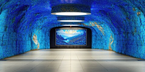 Fototapeta premium Bright tunnel interior. Blue mosaic walls frame distant landscape artwork. Clean white floor extends toward darkness. Lighting illuminates space.
