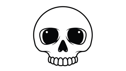 Obraz premium Simple black and white cartoon icon of a human skull with large dark eye sockets and a small nose is shown on a white background.