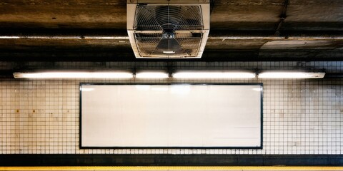 Fototapeta premium Subway station interior. Fan, lights, blank sign above platform. Tiled walls, dark ceiling, yellow safety strip visible.