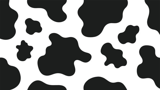 Seamless black and white cow hide pattern with irregular organic spots creating a classic animal print texture suitable for textile design.