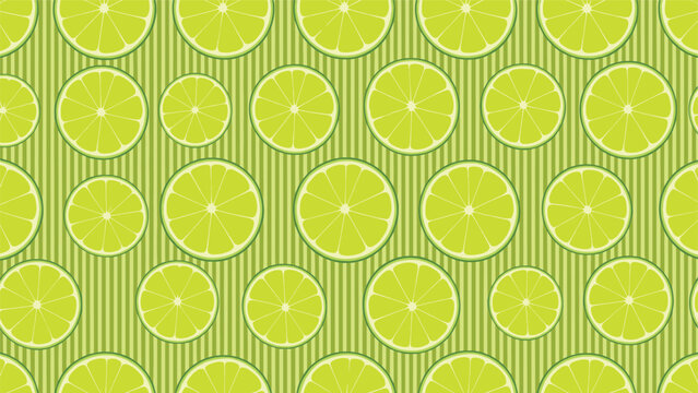 Fresh green lime slices pattern featuring citrus fruit sections arranged on a vertically striped green background in a seamless design.