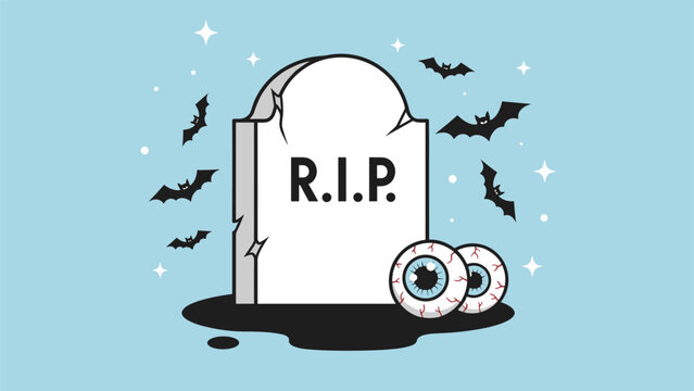 Spooky Halloween illustration featuring a weathered tombstone with rip text surrounded by flying bats and large eyeballs on blue.