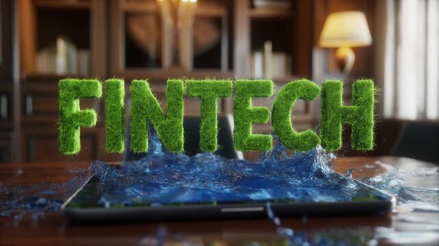 Grass FINTECH word emerges with water splash from tablet on office desk