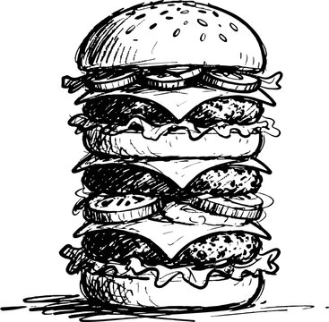 Double cheeseburger sketch drawing with lettuce, tomato, cheese, and sesame seed bun stacked high