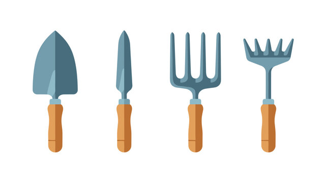 Flat icon set of four common gardening hand tools including a trowel transplanter hand fork and rake with wooden handles and metal heads.