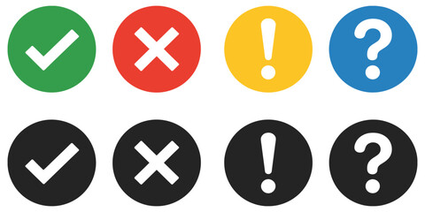 Eight vector circular icons with white symbols including checkmarks, crosses, exclamation points, and question marks, perfect for dashboards, app interfaces, alerts, and informational graphics.