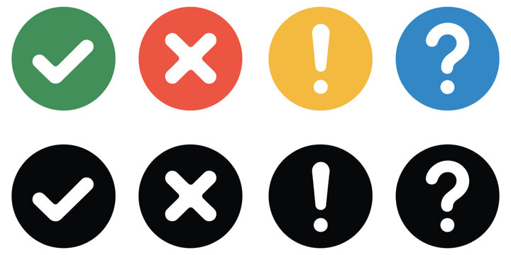 Eight circular icons with white checkmarks, crosses, exclamation marks, and question marks, vector set for status indicators, notifications, alerts, confirmations, errors, and information in apps, das