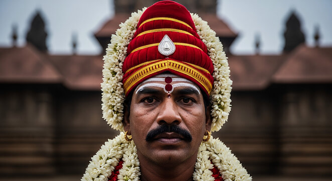 Kodungallur Bharani, portrait of a Komaram oracle in a state of trance, wearing a vibrant red silk headgear and fresh white jasmine garlands