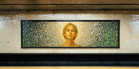 Fototapeta premium Subway station features mosaic portrait. Tiles create human face, warm tones dominate composition. Dark surroundings emphasize artwork.