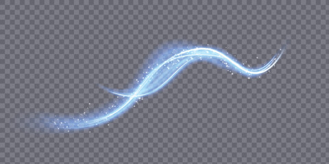 A bright blue light trail with a glowing stream of neon line effect and highlights, a vector graphic isolated on a transparent background. © Alesya