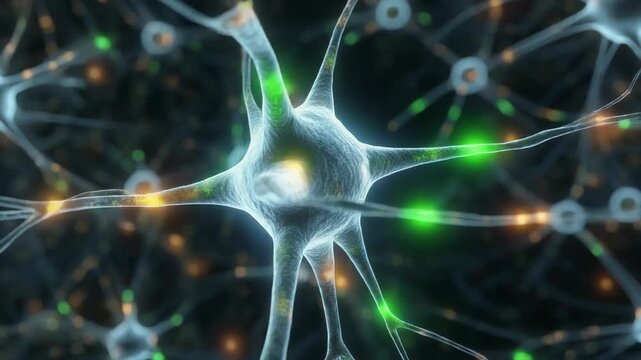 A glowing blue neuron with branching extensions against a dark background with scattered green and orange lights