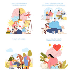 Fototapeta premium Animal-Assisted Therapy in Various Settings Vector Illustration