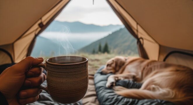 Coffee inside tent with dog and mountain view