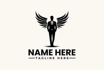 Naklejka premium A minimalist vector illustration of a suited man with large wings, standing confidently with hands in pockets on a clean white background, featuring a placeholder logo and tagline in a