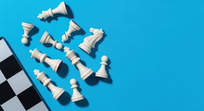 White chess pieces scattered on blue background