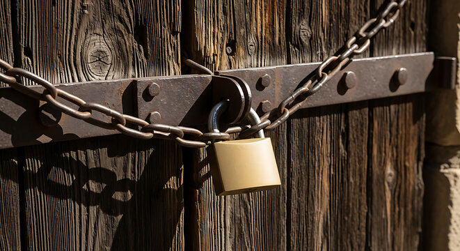 An old rusty metal padlock and steel chain provide secure protection on a closed wooden door as a symbol of safety and locked isolation