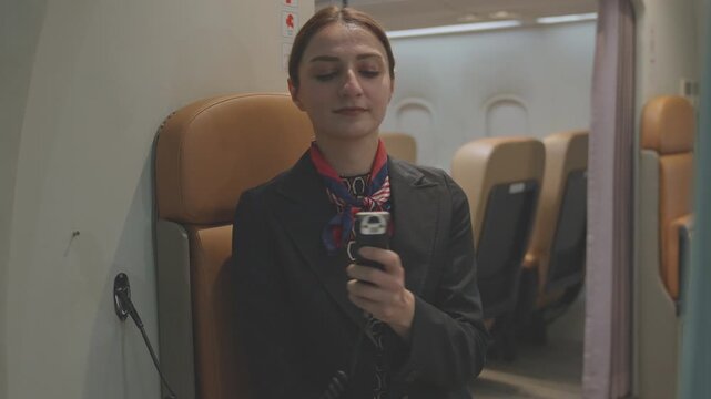 Stewardess Cabin crew or air hostess are announcing information and travel instructions on the airline via the in flight audio system. loudspeaker to welcome, business airline. plane is take off.