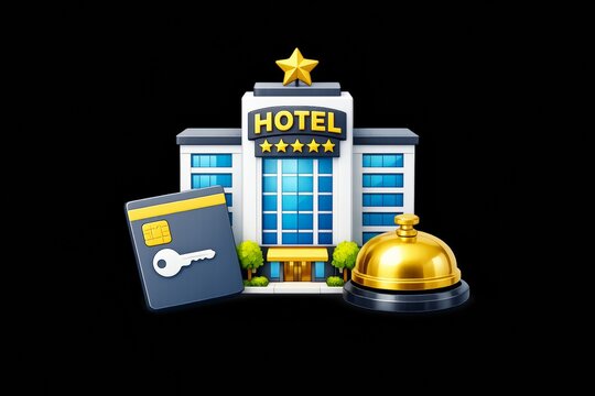 Modern hotel building with key card and reception bell, symbolizing hospitality and services