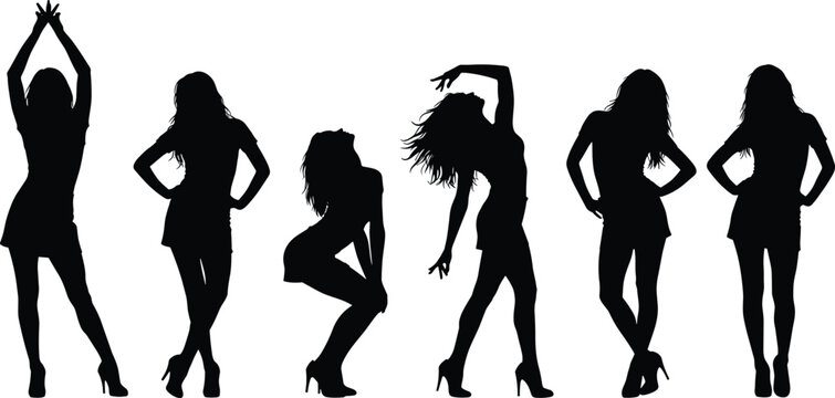Sexy female dance silhouettes, stylish women posing, fashion model shapes, nightclub dance poses, elegant feminine figures, isolated black silhouettes collection