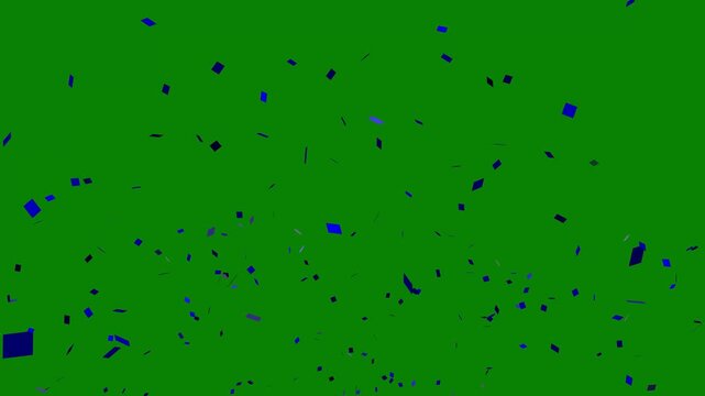 Realistic blue confetti rain explosion with vibrant party popper blast and shiny foil paper flakes falling in slow motion on green screen background with alpha matte channel for compositing use 4k