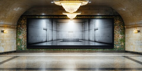 Fototapeta premium Subway station interior features ornate chandelier, tiled walls, mirrored hallway illusion. Dramatic lighting creates symmetrical composition.