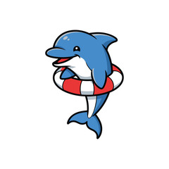 Naklejka premium Cartoon Blue Dolphin Wearing Lifebuoy Ring.