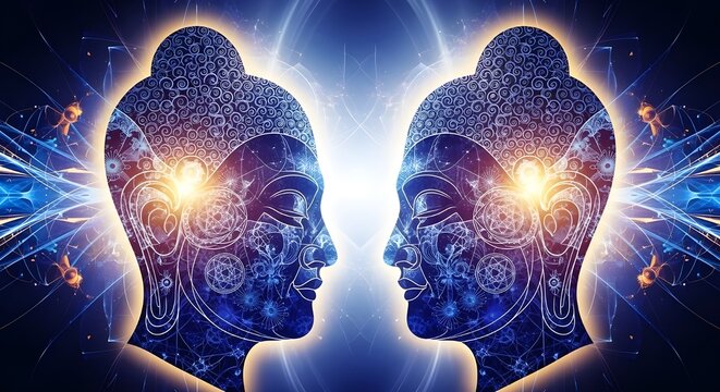 Abstract illustration of two human heads with glowing minds, blue and purple patterns
