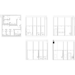 Architectural CAD drawing of an apartment interior layout and elevations