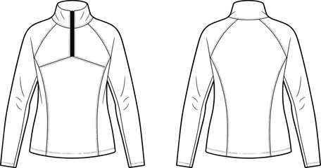 Athletic Quarter Zip Jacket CAD Drawing Flat Vector Illustration, Front and Back Technical Fashion Template Sport Activewear Top © Vexora Studio