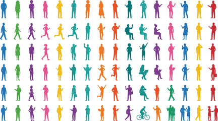 Colorful human silhouettes in diverse poses, walking, running, sitting, gesturing, community, activity, diversity, interaction, modern lifestyle, flat vector illustration