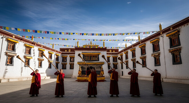 Monastery Courtyard, Hemis Monastery courtyard, monks blowing long copper horns (Dungchen), colorful prayer flags flying