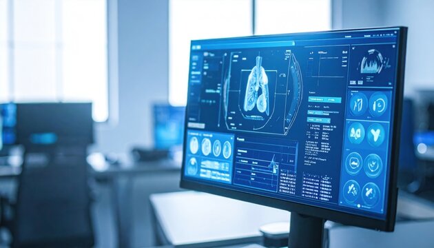 Computer screen displays complex medical software with anatomical imaging and data analysis for diagnostics