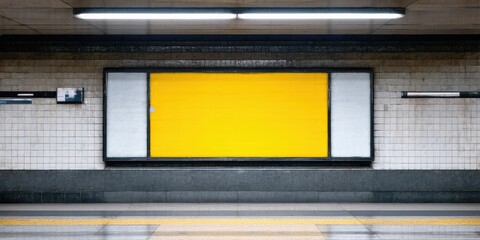 Fototapeta premium Subway station interior features blank yellow poster, tiled walls, dim lighting. Platform edge visible below. Minimalist composition.