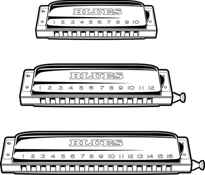 Black line illustration of three harmonicas, both diatonic and chromatic, in 10, 12, and 16 hole configurations.