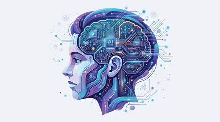 Artificial intelligence human head circuit board neural network data flow technology concept, flat vector illustration