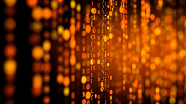 A vibrant digital background with glowing orange and yellow binary code