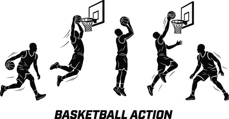 Obraz premium Basketball action silhouettes illustration players dribbling dunking shooting defending athletic sports concept, flat vector illustration