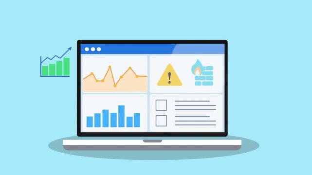 Flat vector animation of a laptop displaying a data analytics dashboard with charts, warning alert, and growth graph icon. Represents business analytics, system monitoring, cybersecurity, and digital 