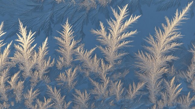 Close up of frosted window glass with icy patterns on blue background