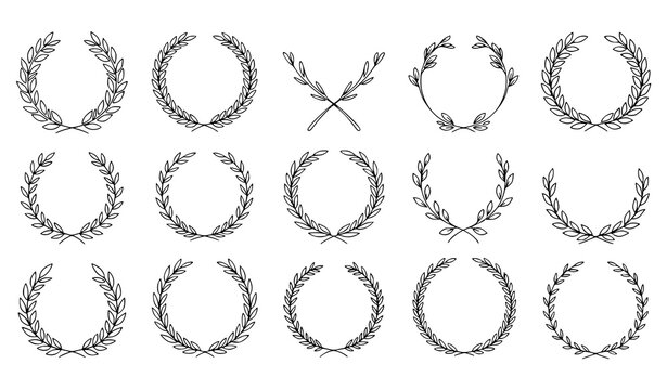 Single Line Laurel Wreath and Wedding Floral Frame Set Minimalist Vector Collection