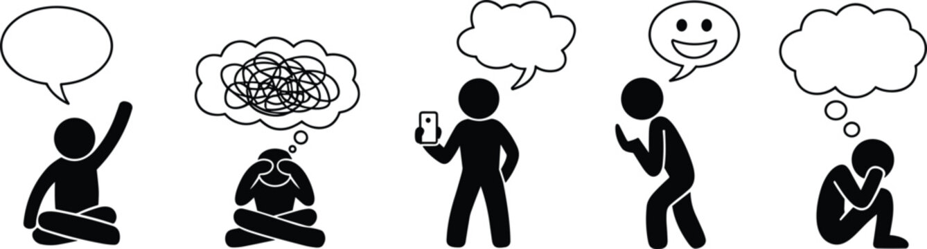 Stick Figure Icons Illustrating Thoughts and Emotions with Speech Bubbles symbol thought bubble