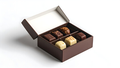 A brown box holding various gourmet chocolates, open against a white background