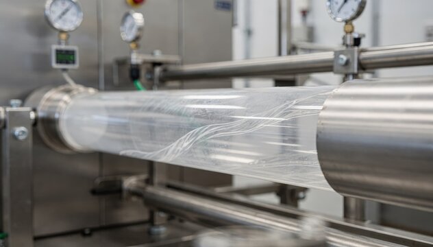 Medium shot of translucent biobased polymer pipe being tested in industrial setting showcasing clarity and sustainable resin formulation for ecofriendly manufacturing.