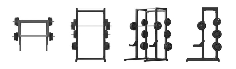 Fototapeta premium Power Rack Multiple Views, Black, 3D Render Isolated on White Background