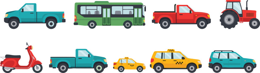 Urban transport vehicles set including bus taxi pickup tractor scooter and cars flat vector illustration collection isolated on background © Md