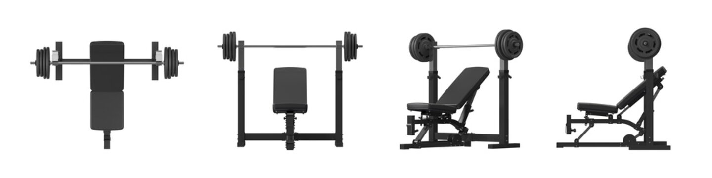 Adjustable Weight Bench with Barbell Rack Multiple Views, Black, 3D Render Isolated on White Background