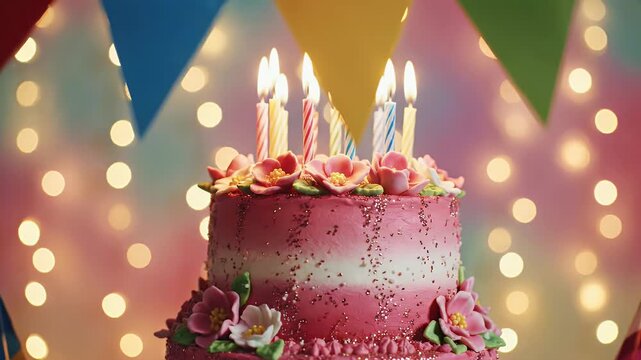 dynamic arrangement of colorful triangular pennants and festive streamers suspended across softly blurred abstract background, designed specifically for joyous birthday event or anniversary