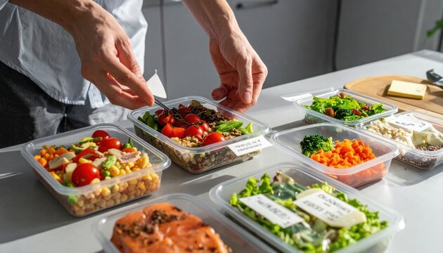 Hands assembling personalized meal kits with pre-portioned ingredients, showcasing fresh food preparation for healthy eating.